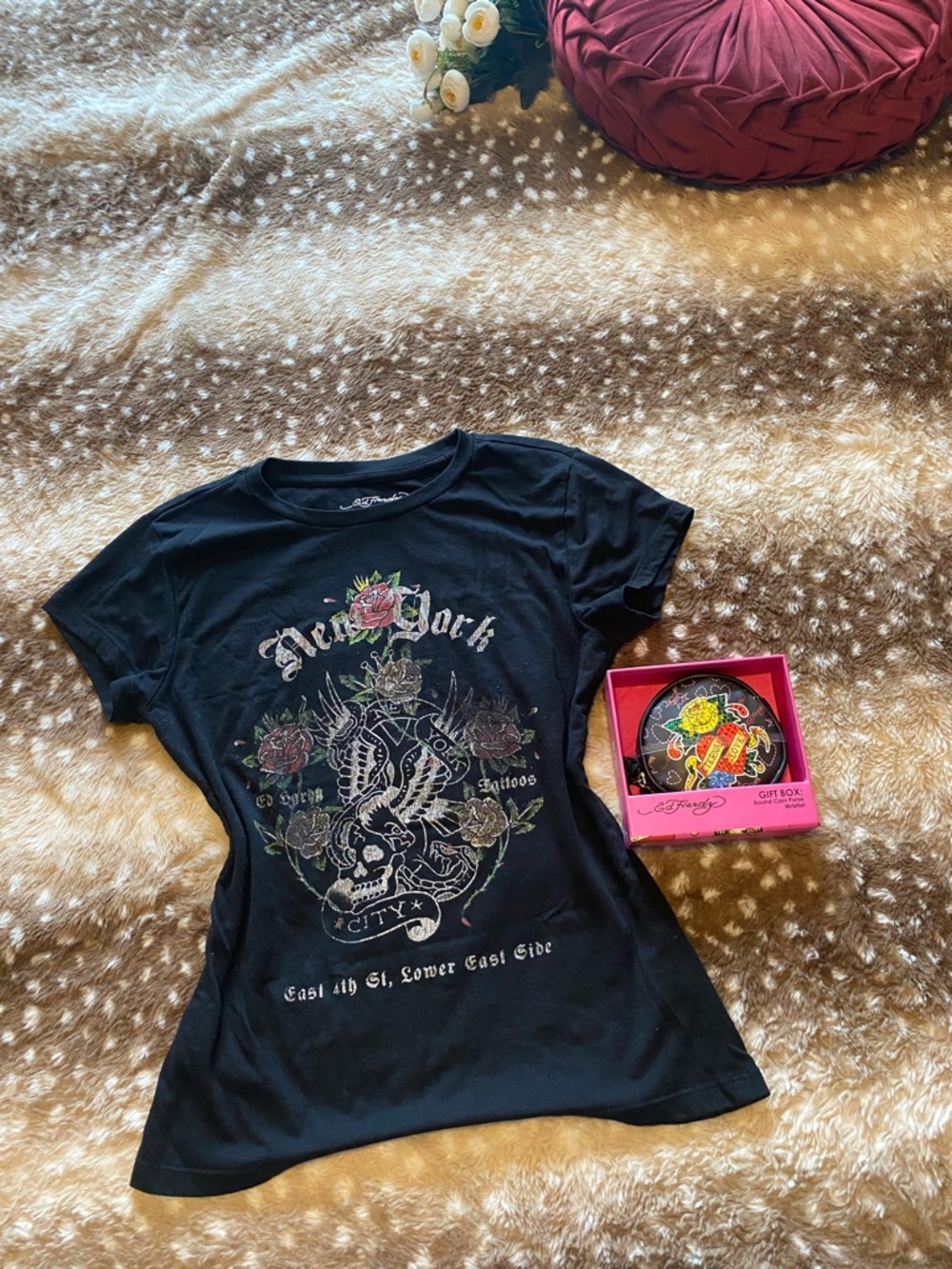 Ed Hardy Graphic Tee + Coin Purse Wristlet Gift Box